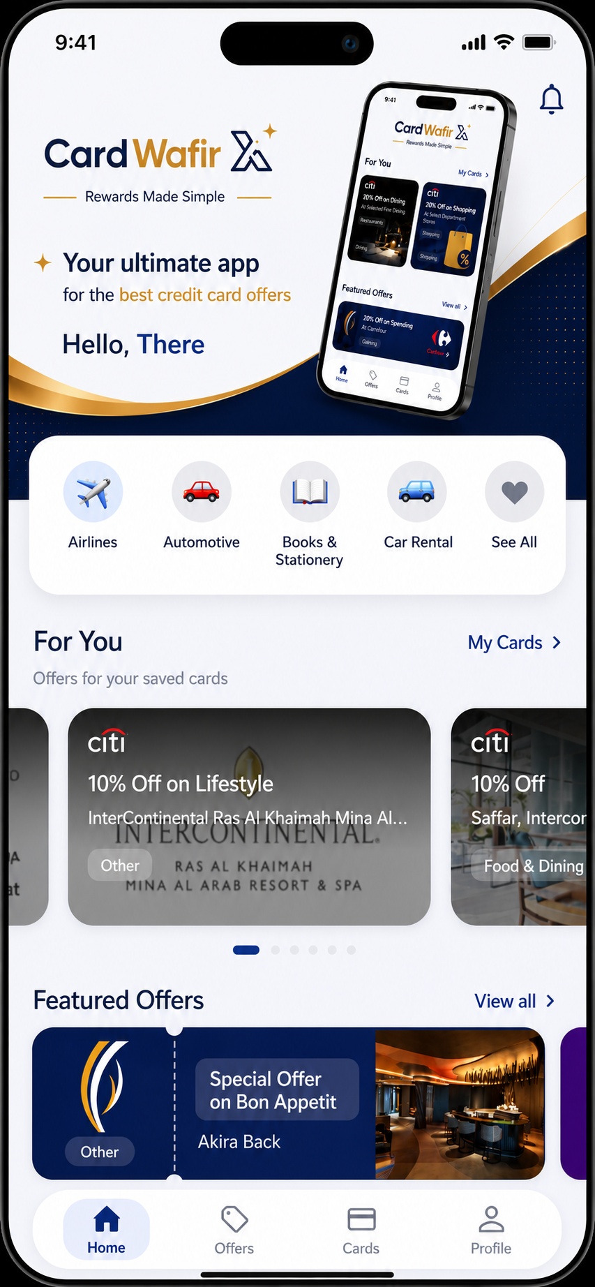 CardWafir app home screen — personalized For You offers and featured deals from UAE banks